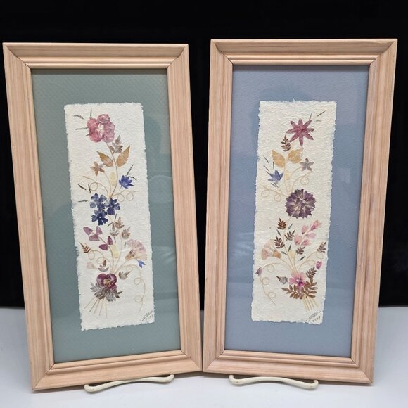 Pressed Flower Art In Wooden Frames Set Signed 2001 Blue & Green Mats Wall Decor - Picture 1 of 10
